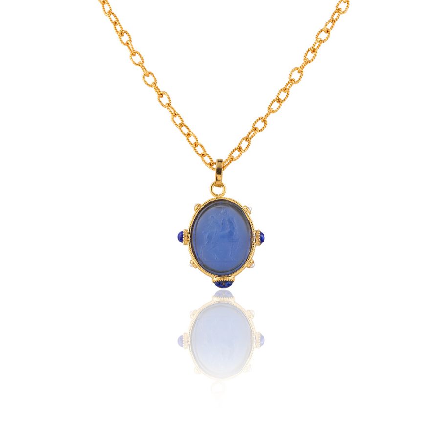 Jodhpur Blue Intaglio Pendant with Blue Lapis & Pearl