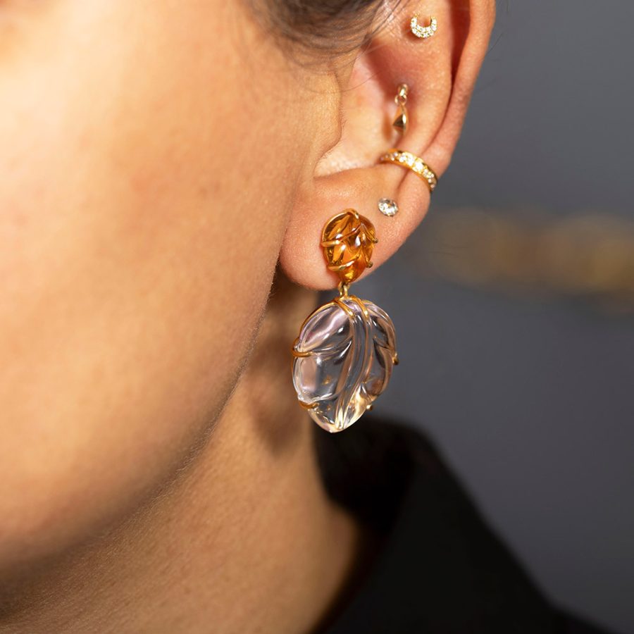 Mis Matched Carved Cabochon Amethyst & Citrine Drop Earrings