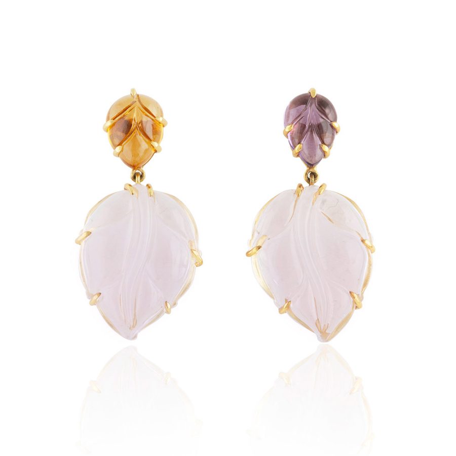 Mis Matched Carved Cabochon Amethyst & Citrine Drop Earrings