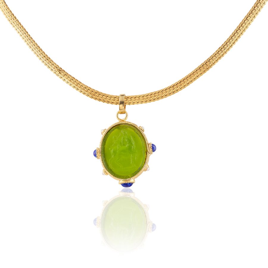 Peridot Colour Intaglio Pendant with Blue Lapis & Pearl