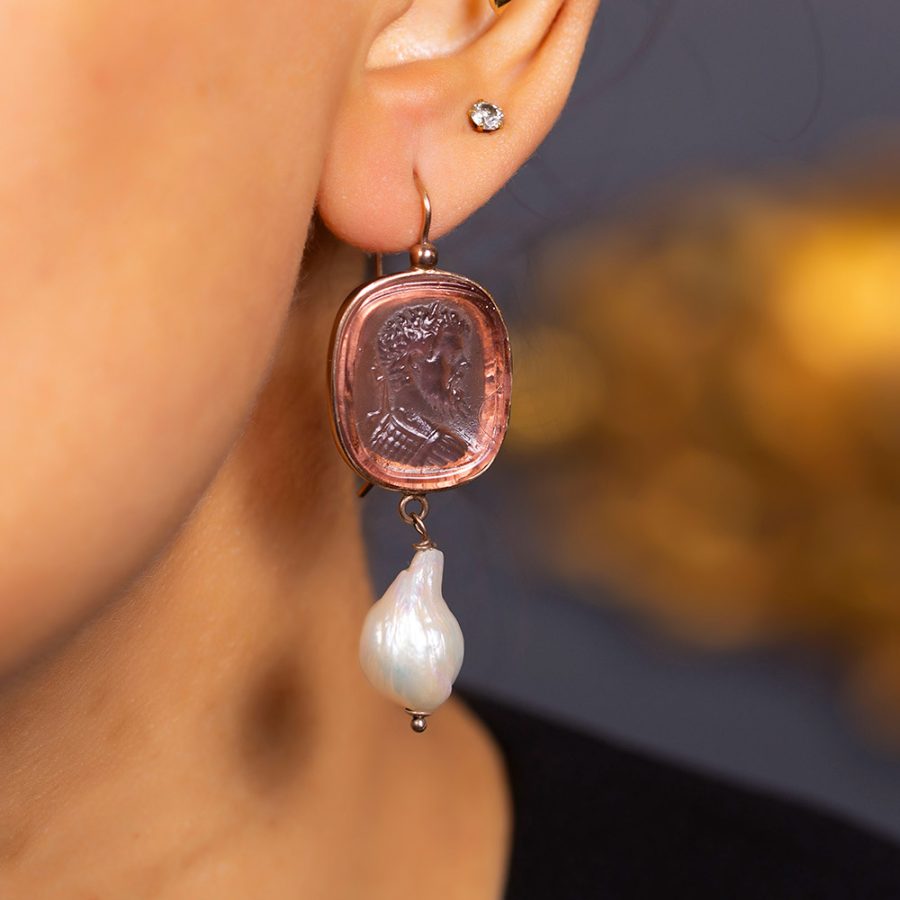 Pink Intaglio Drop Earrings with Pearl Detailing