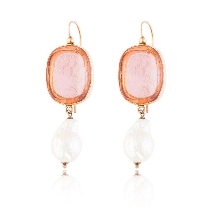 Pink Intaglio Drop Earrings with Pearl Detailing