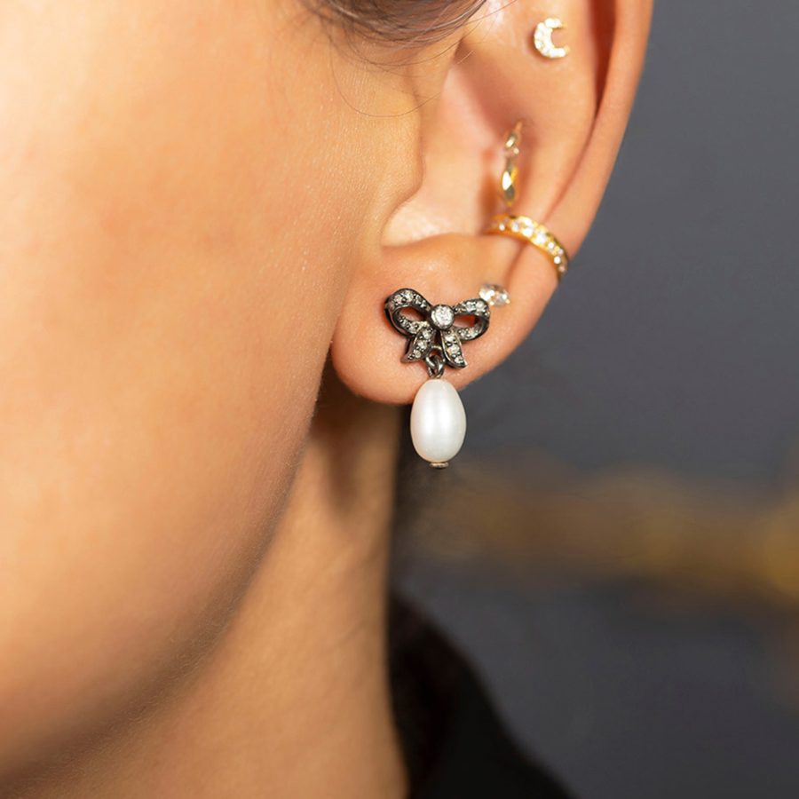 Simple Bow Diamond & Pearl Drop Earrings
