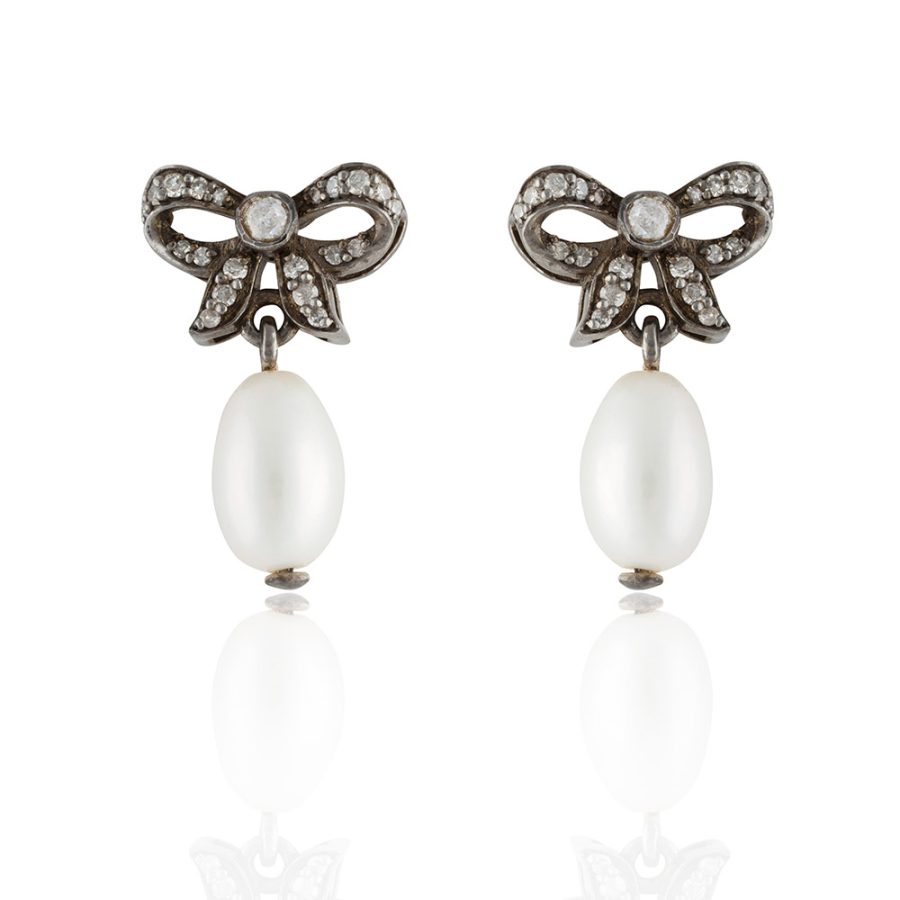 Simple Bow Diamond & Pearl Drop Earrings