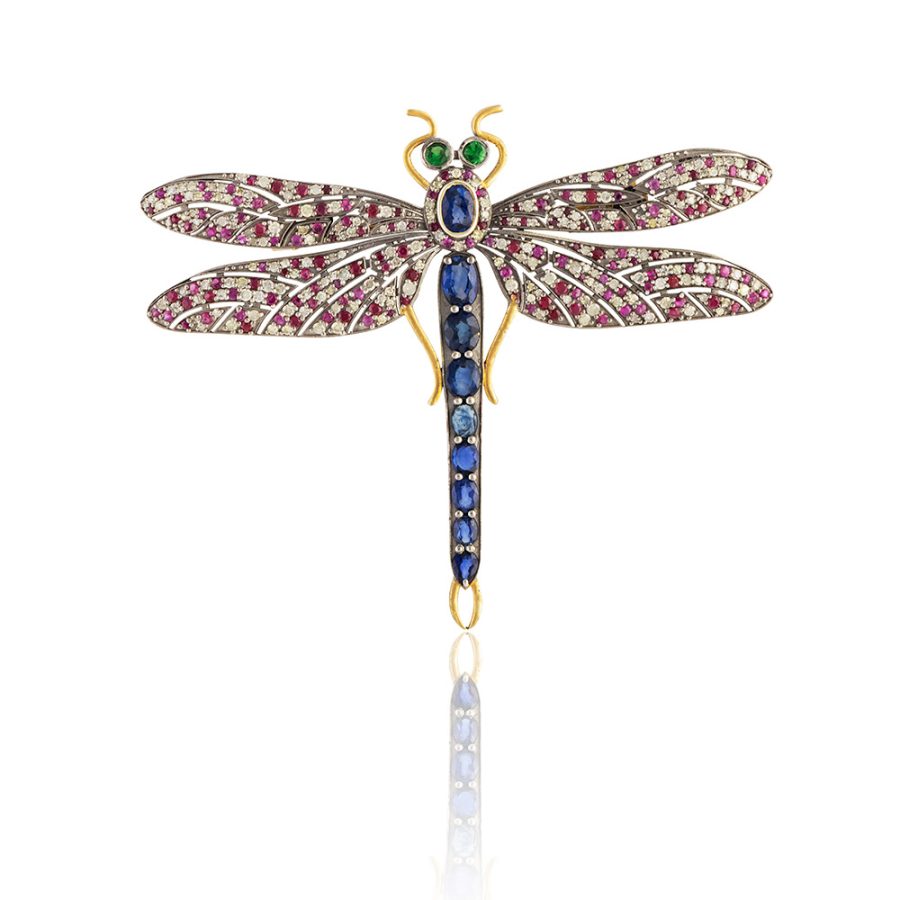 Victorian Inspired Dragonfly Brooch with Ruby, Sapphire, Tsavorite & Diamond