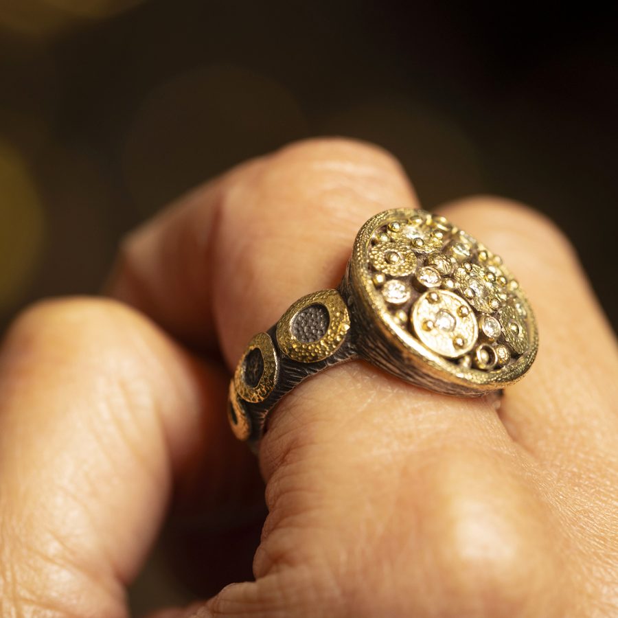 18kt Gold & Silver Diamond Detailed Antique Inspired Ring