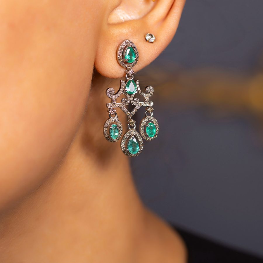 1920's Chandelier Emerald & Diamond Drop Earrings