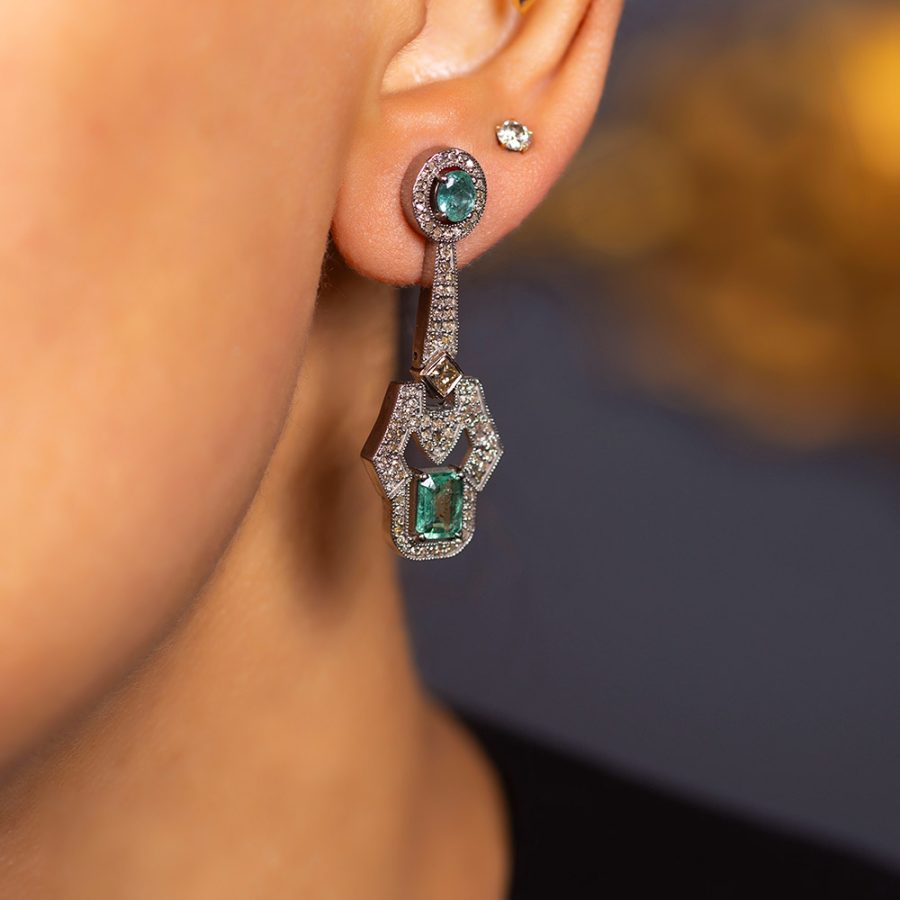 Art Deco Emerald & Diamond Drop Earrings