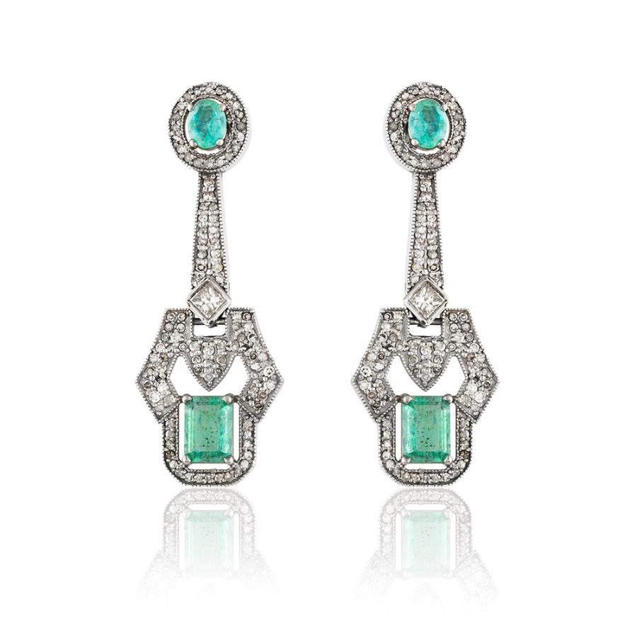 Art Deco Emerald & Diamond Drop Earrings
