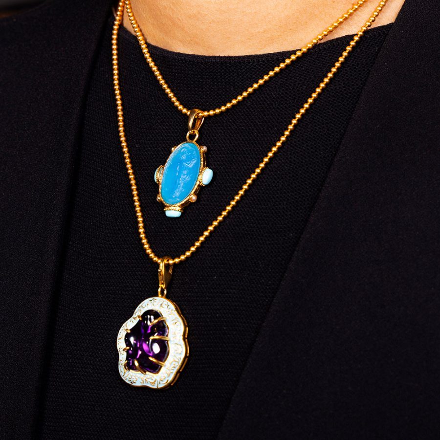 Cabochon Purple Amethyst Enamel Pendant Necklace