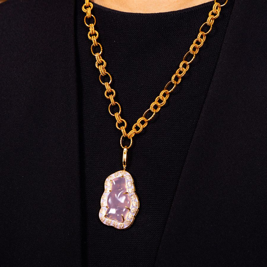 Cabochon Rose Quartz Enamel Pendant Necklace