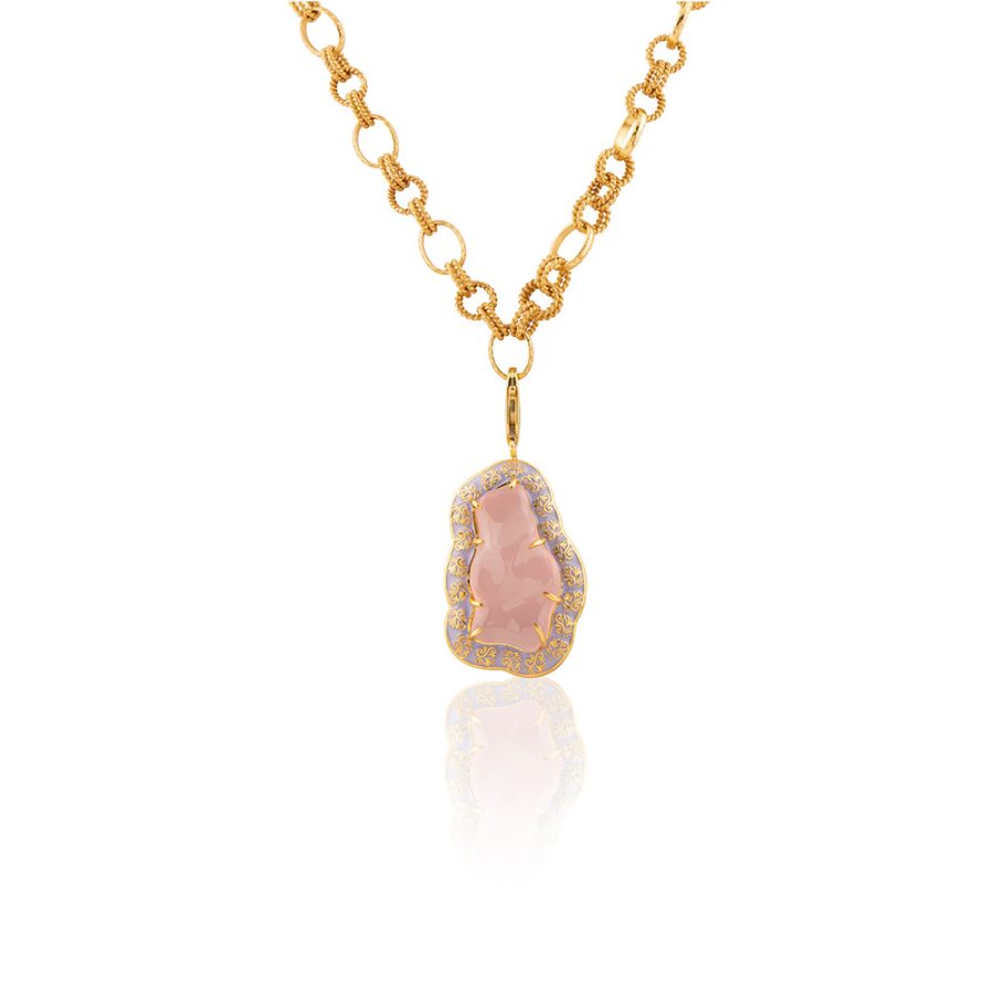 Cabochon Rose Quartz Enamel Pendant Necklace
