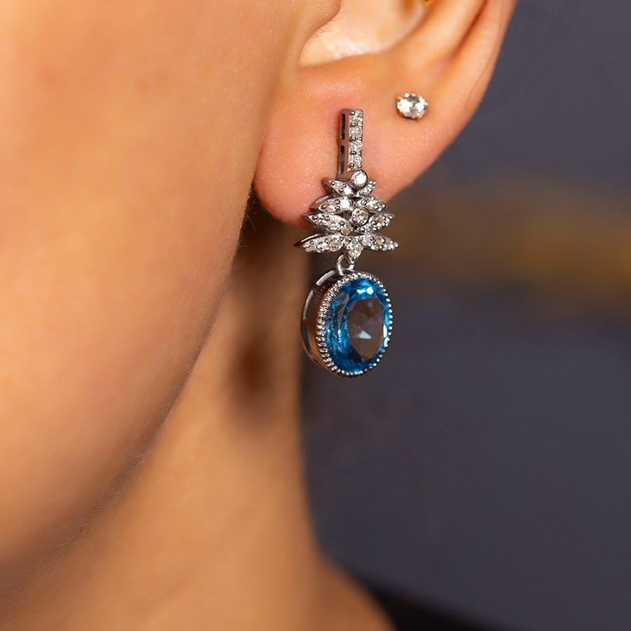 Delicate 1920's Diamond & Blue Topaz Earrings