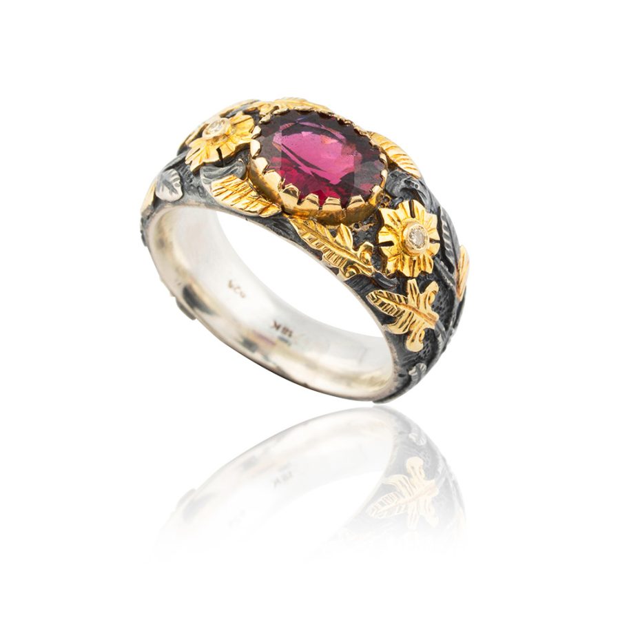 Rhodolite & Diamond Antique Inspired Ring Band
