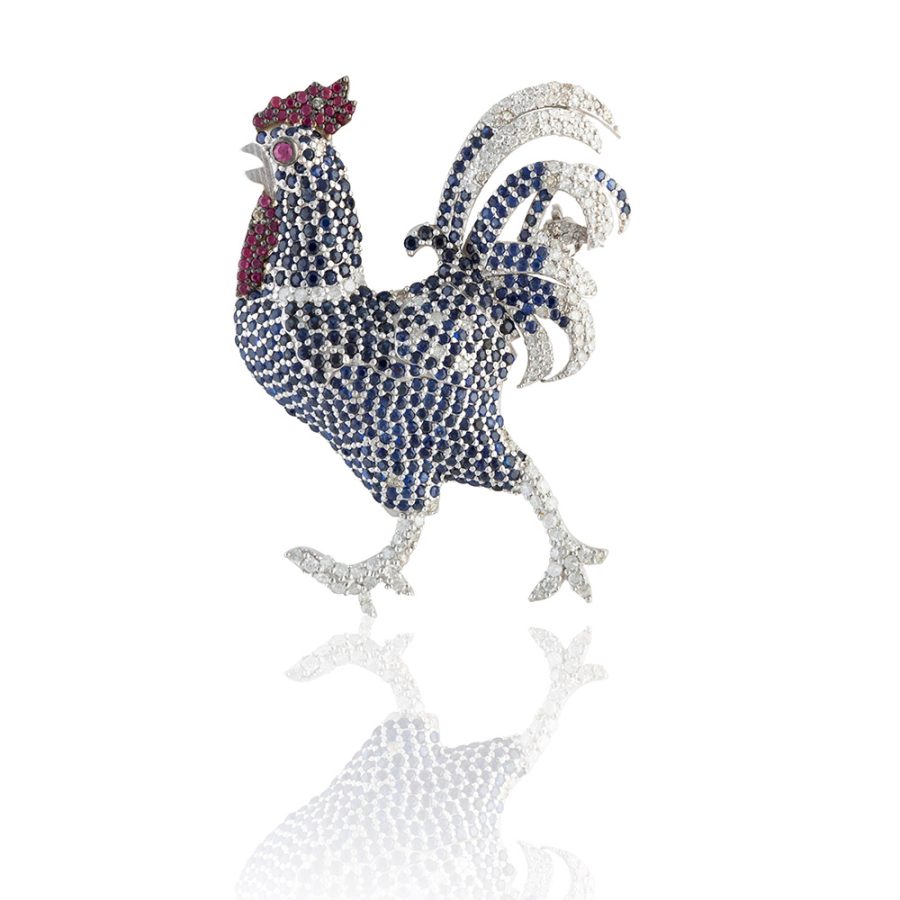 Ruby & Sapphire Cockerel Brooch Pendant