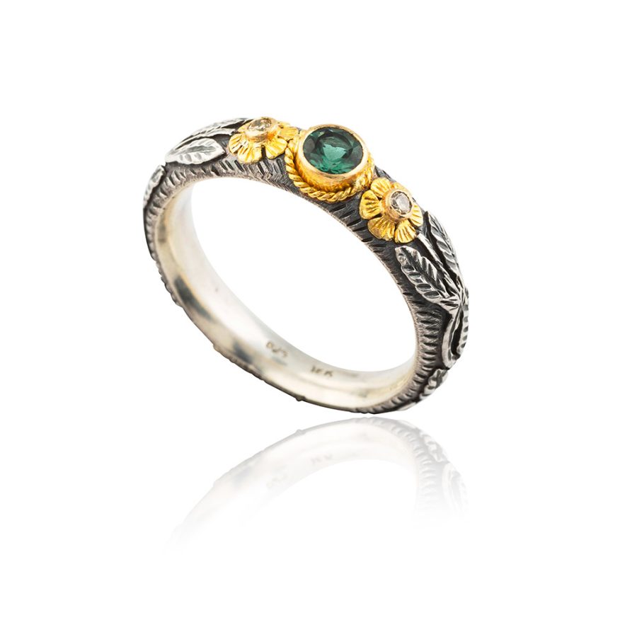 Simple 18kt Gold & Silver Tourmaline & Diamond Ring Band
