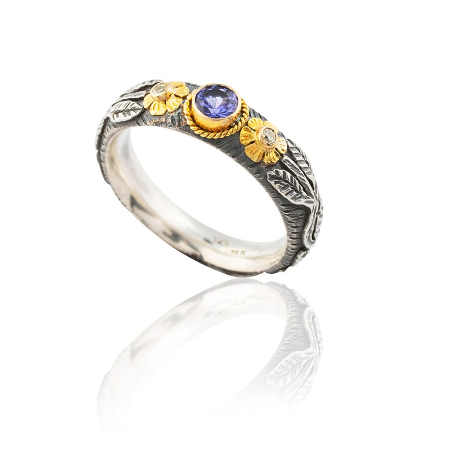 Simple Tanzanite & Diamond, 18kt Gold & Silver Ring Band