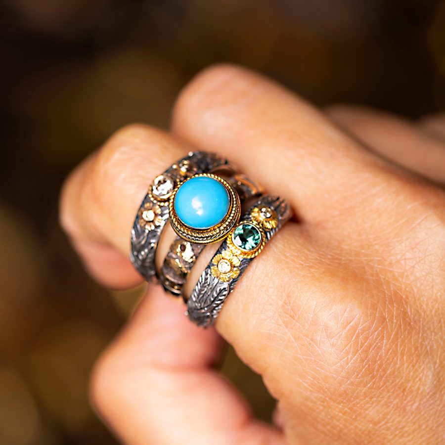 18kt Gold & Silver Turquoise & Diamond Ring