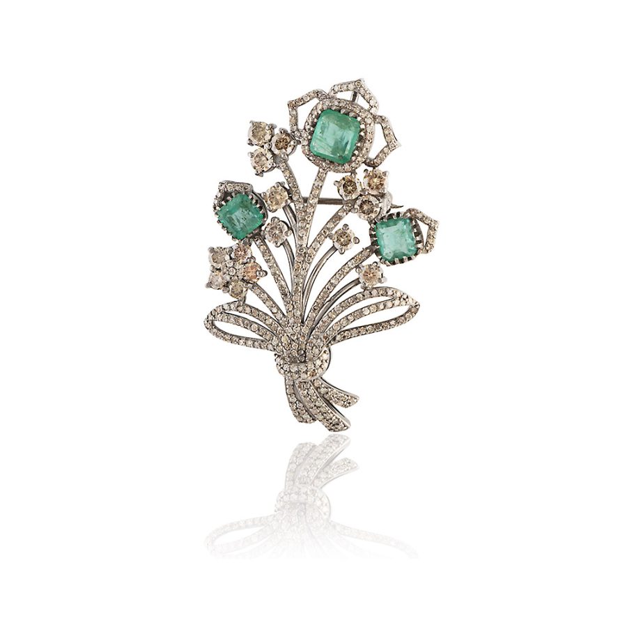 Victorian Inspired Emerald & Diamond Brooch Pendant