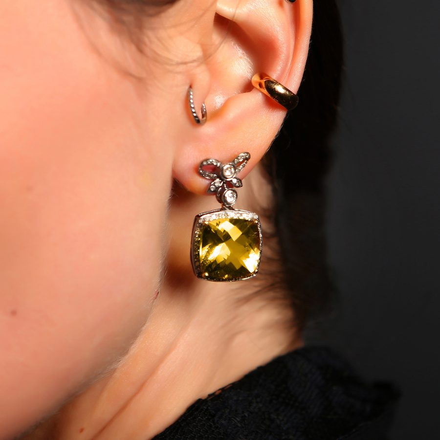 Art Deco Vintage Inspired Bow Earrings with Citrine and Diamonds