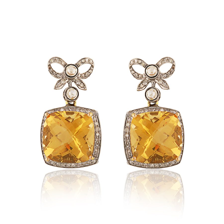 Art Deco Vintage Inspired Bow Earrings with Citrine and Diamonds
