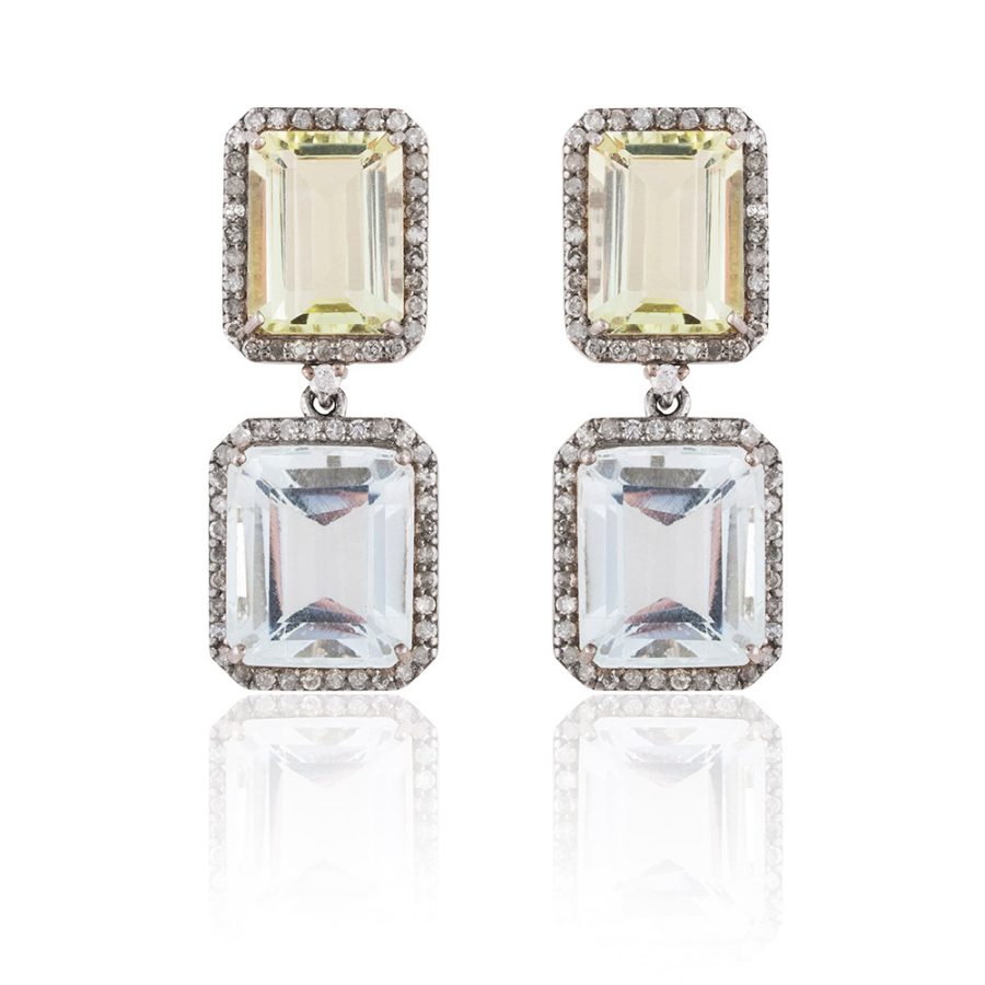 Green Amethyst & Aquamarine Double Drop Earrings