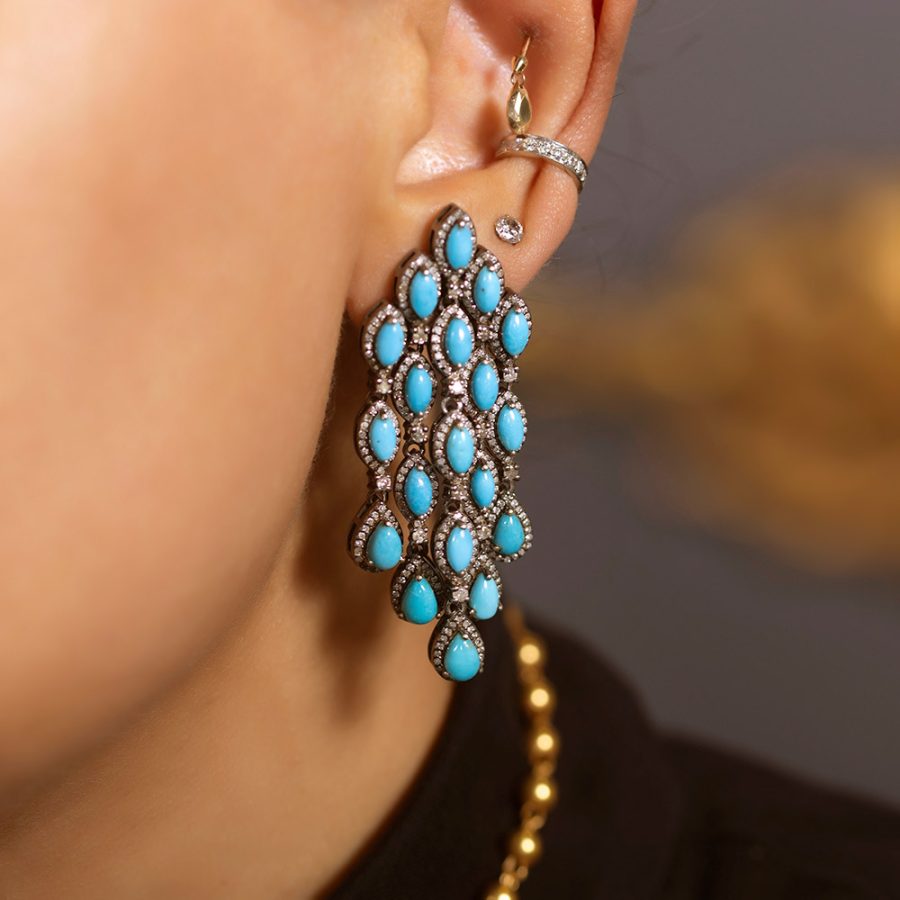 Turquoise & Diamond Fluid Chandelier Earrings