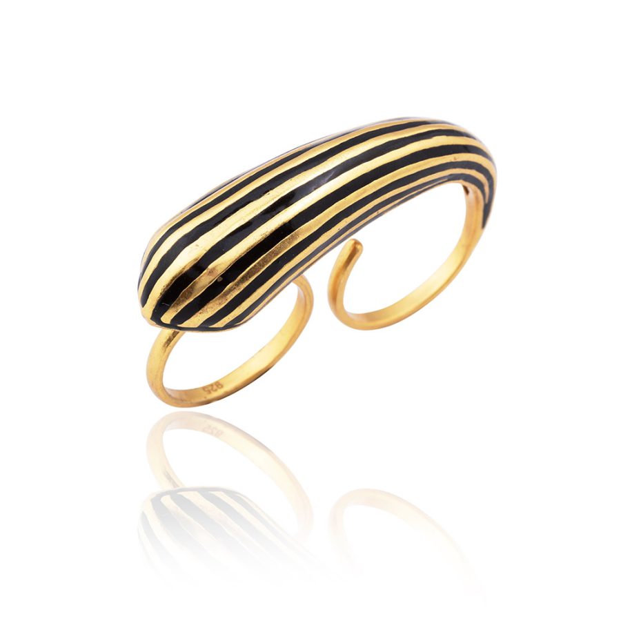 Adjustable Enamel Black & Gold Grid Ring