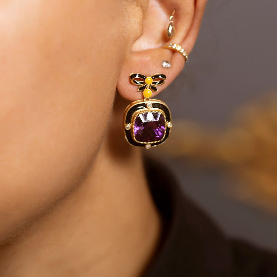 Art Deco Bow Earrings with Purple Amethyst, Enamel & Diamonds