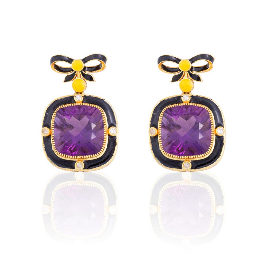 Art Deco Bow Earrings with Purple Amethyst, Enamel & Diamonds
