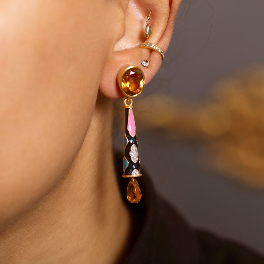 Citrine, Diamond, Enamel Palace Pillar Drop Earrings