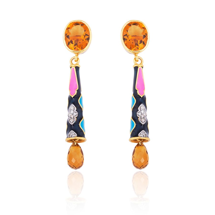Citrine, Diamond, Enamel Palace Pillar Drop Earrings