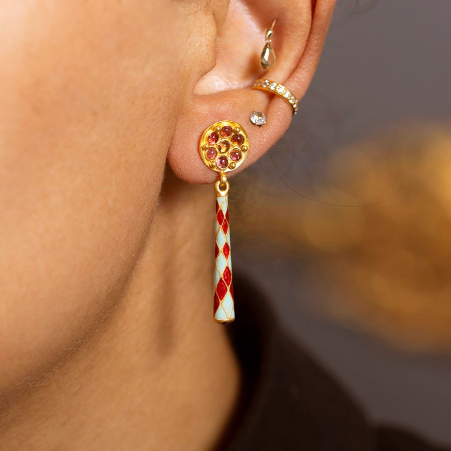 Pomegranate Tourmaline Enamel Palace Pillar Earrings
