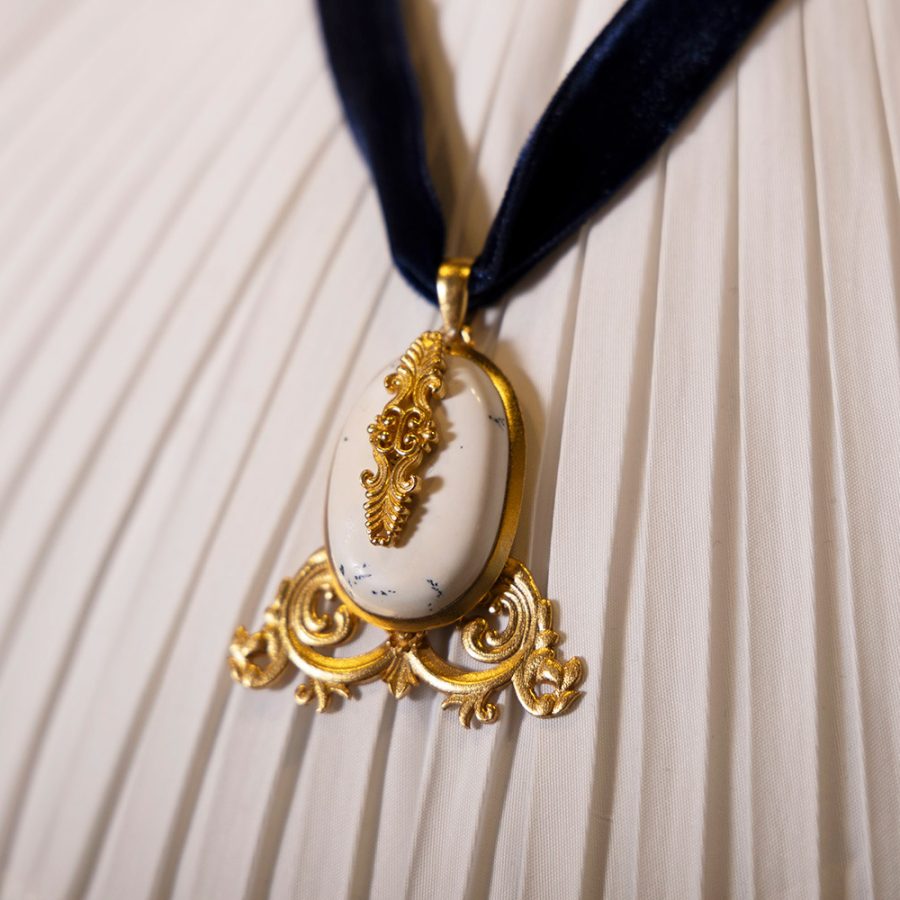 White Agate Palace Pendant Necklace with Velvet