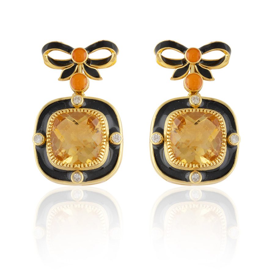 Art Deco Bow Enamel Citrine & Diamond Earrings