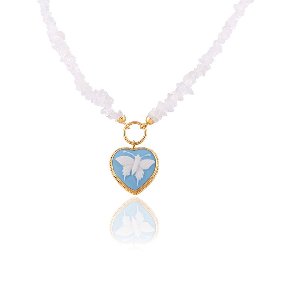 Butterfly Heart Detailed Porcelain Cameo & Quartz Necklace