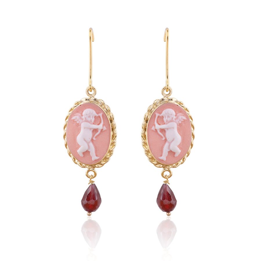 Cupid Detailed Pink Porcelain Cameo Garnet Drop Earrings