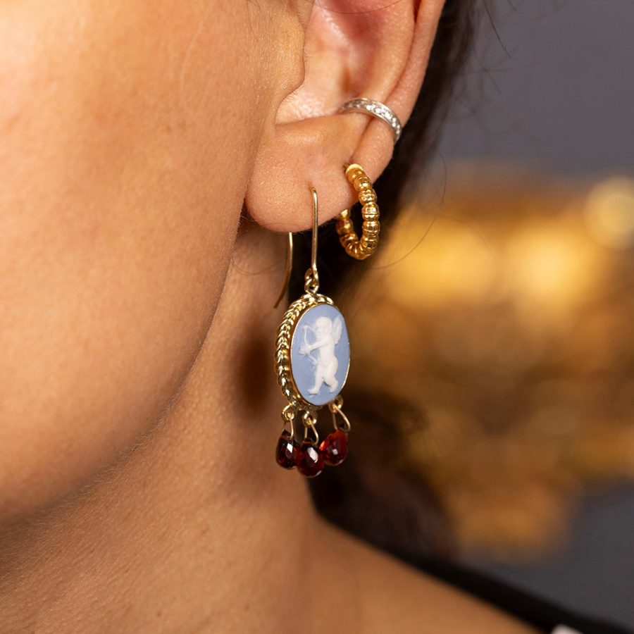 Cupid Detailed Porcelain Cameo Garnet Drop Earrings