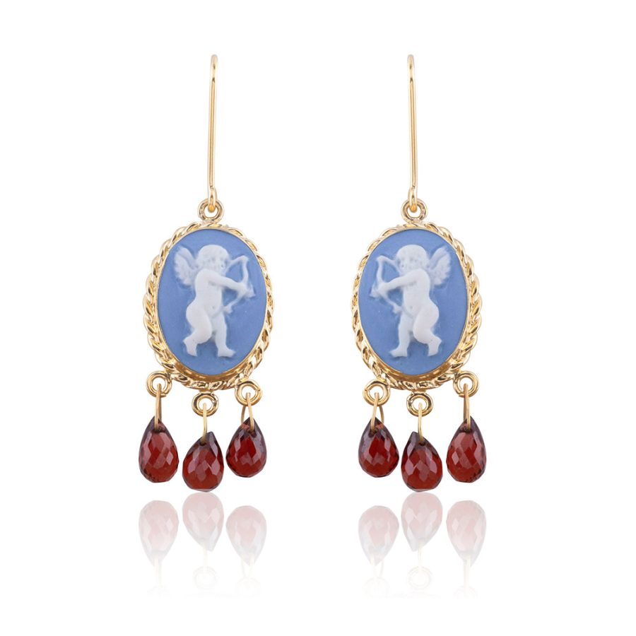 Cupid Detailed Porcelain Cameo Garnet Drop Earrings