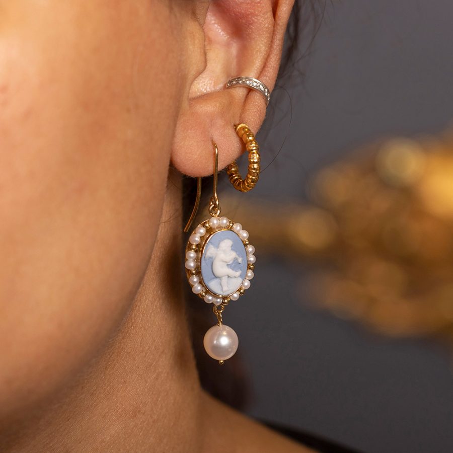Cupid Detailed Porcelain Cameo Pearl Drop Earrings