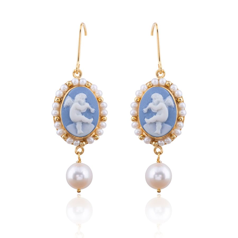 Cupid Detailed Porcelain Cameo Pearl Drop Earrings