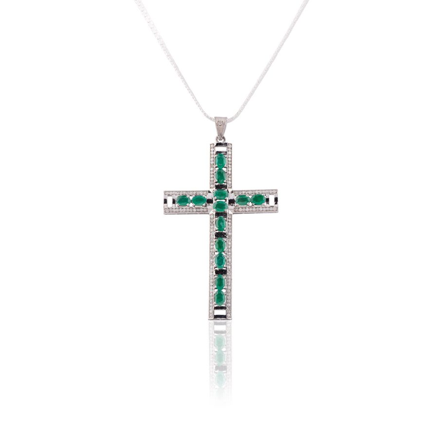 Emerald & Diamond Cross Pendant Necklace