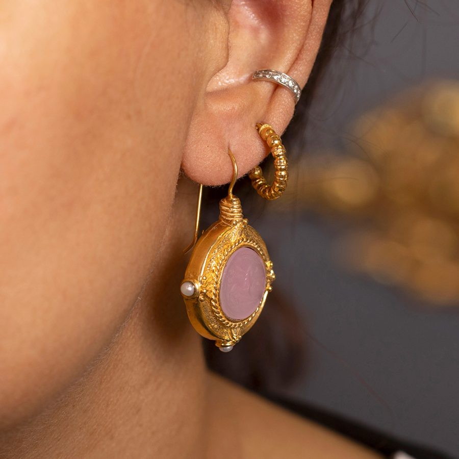 Jaipur Pink Colour Intaglio Pearl Drop Earrings
