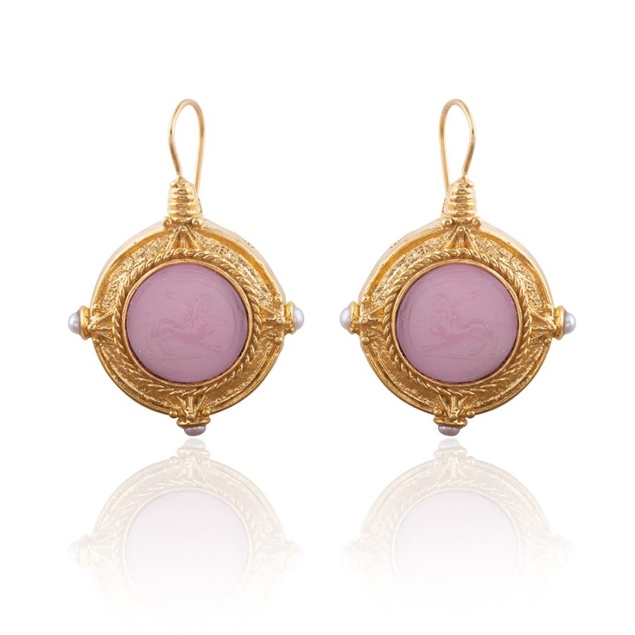 Jaipur Pink Colour Intaglio Pearl Drop Earrings