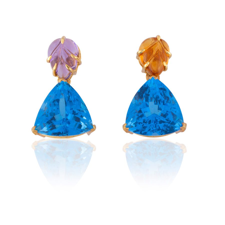 Mis Matched Carved Amethyst, Citrine & Topaz Earrings