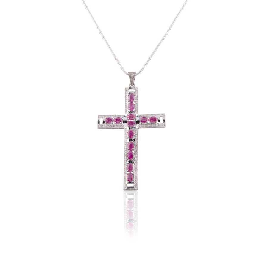 Ruby & Diamond Cross Pendant Necklace