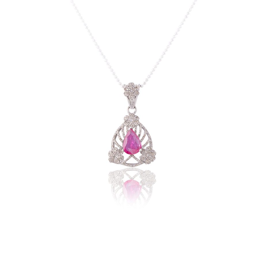 Ruby & Diamond Pendant Necklace with Grid & Flower Detailing