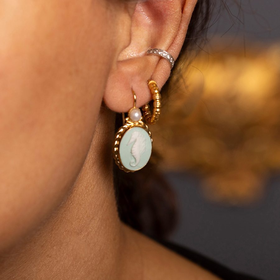 Sea Horse Detailed Porcelain Cameo Pearl Drop Earrings