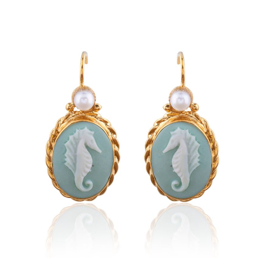 Sea Horse Detailed Porcelain Cameo Pearl Drop Earrings